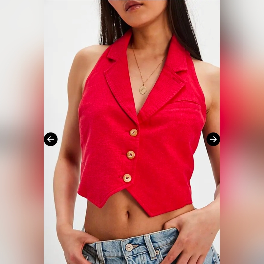 NEW!!! Free People Red Halter Vest Top With Tiny Callout (See Last Pic), Sz Med
